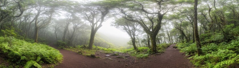 Wall Mural - misty forest path with lush greenery and sunlight filtering through the trees.