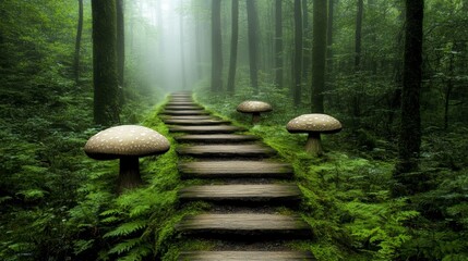 Wall Mural - stone steps winding through a misty forest, lined with giant mushrooms.