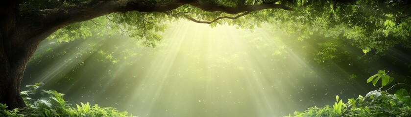 Wall Mural - sunlight beams through dense forest canopy, creating a magical, ethereal glow.