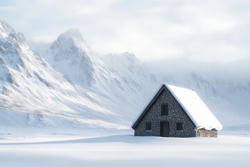 Poster - Snowy mountain cabin in winter landscape