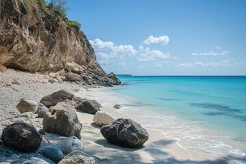 Poster - Serene tropical beach with turquoise waters and rocky coastline