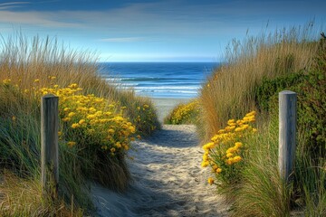 Poster - Scenic beach path through dunes and wildflowers