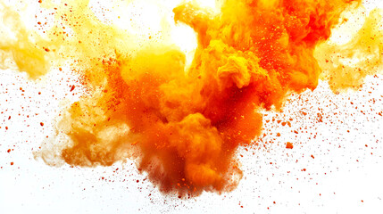 Wall Mural - A large orange cloud of smoke. Thick smoke creates a sense of chaos and destruction. A mix of yellow and orange holi colors on a white background. A fiery explosion with flying debris and dust