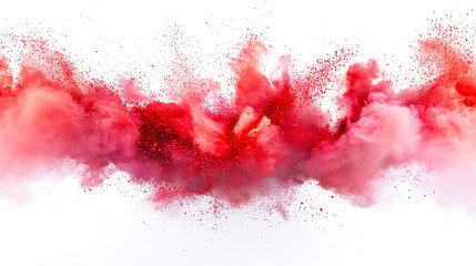 Wall Mural - a red cloud of smoke with red and pink particles. powdered holi paints explode in the air on a white