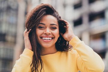 Poster - Portrait of cheerful lovely prettty girl wear yellow stylish clothes enjoy weather city autumn day outdoors