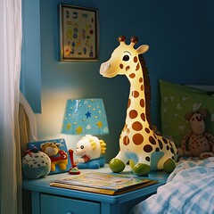 A whimsical room with a giraffe-shaped lamp on the nightstand, illuminating a colorful storybook and stuffed animals. -