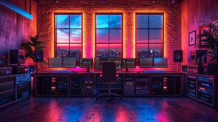Poster - A room with a neon orange wall and three windows