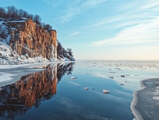 Wall Mural - Frozen lake and snowy cliffs reflected in calm waters