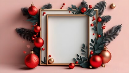 Canvas Print - Elegant gold frame adorned with vibrant Christmas ornaments against a pristine white background