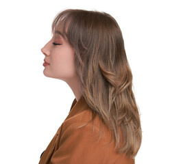 Sticker - Attractive woman with stylish haircut on white background