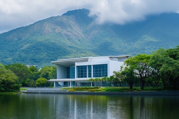 Poster - modern university campus building with mountains in the background