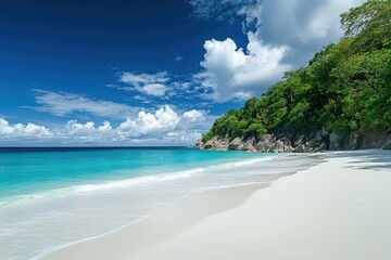 Canvas Print - Stunning tropical beach with crystal clear waters and lush green foliage