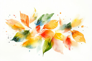 Sticker - Watercolor illustration. Autumn red, green and yellow leaves on white background.  Water stains of paint, abstract background. Fall, October. Watercolor blurred stains, splashes.