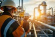 © NN AI - Male worker inspection at steel long pipes and pipe elbow in station oil factory during refinery valve