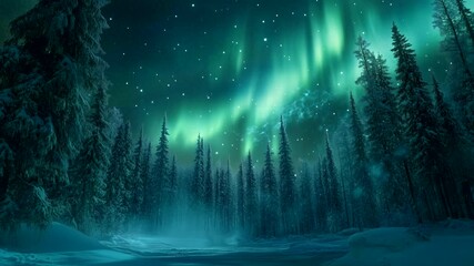 majestic northern lights glowing above dark snowy forest in remote winter wilderness. seamless loopi