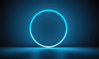 A glowing blue neon circle sits on a dark surface, reflecting light onto the floor