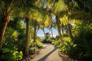 Wall Mural - Tropical paradise path through lush palm trees