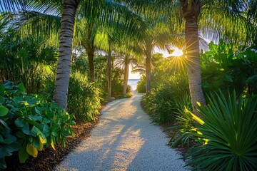 Wall Mural - Tropical garden pathway at sunset