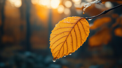 Close-up of a water drop on a yellow leaf, with a blurred background. The water droplet is hanging from the edge of an autumn leaf. The background is out of focus, with blurry tree