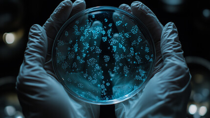 A close-up of hands in medical gloves holding an empty Petri dish with blue microbial spores, against a black background. The focus is on the texture and shape of these small cyan-