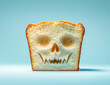 © sunaiart - A slice of pound cake in the shape and face of an evil skull, against a pastel blue background.Minimal creative Halloween food holiday concept.Copy space,flat lay.