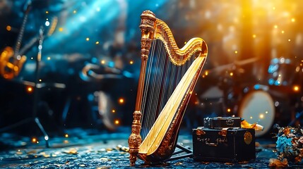 A harp, golden and delicate, stands under warm bokeh lights, awaiting its song.