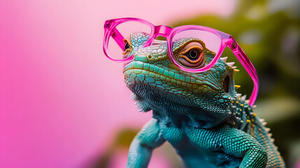 A green lizard wearing pink glasses