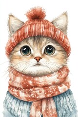 A cute kitten wearing a knitted hat and scarf, showcasing a charming expression, This illustration can be used for children's books, greeting cards, or pet-themed merchandise,