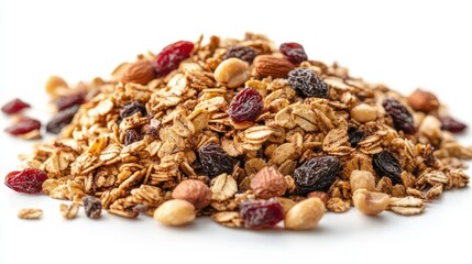 A close-up of a pile of granola featuring oats, nuts, and dried fruits, perfect for illustrating healthy eating, breakfast options, or snack ideas in cookbooks, food blogs, or nutritional guides,