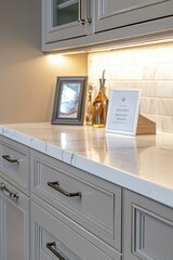 Wall Mural - A modern kitchen countertop with decorative items and ambient lighting.