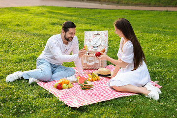 Wall Mural - Happy couple having picnic on green grass outdoors