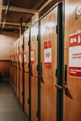 A row of wooden lockers with red signs, likely in a communal space.