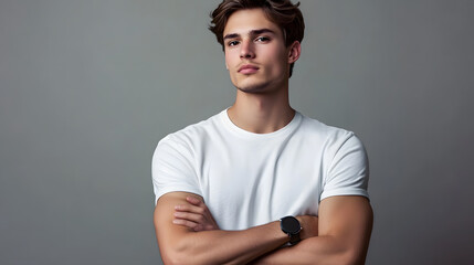 Wall Mural - A stylish young man stands confidently with his arms crossed, wearing a simple white t-shirt against a neutral background