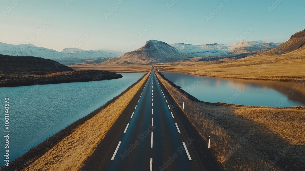 A straight asphalt road with white markings stretching into the ...