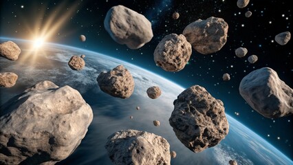 Wall Mural - Asteroids swarm of boulders or stone meteorite isolated on transparent png background, flying rock in the space.