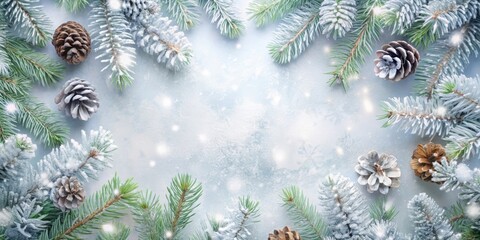 Pine branches and cones with snow on a soft blue Christmas background with copy space