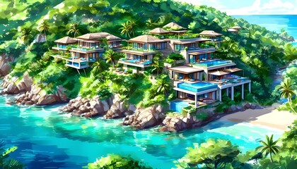 Coastal villas perched on a lush hillside with breathtaking views of crystal-clear blue waters, ideal for a serene tropical escape