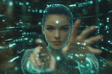 A woman analyzing futuristic holographic data, showcasing innovation and advanced technology, surrounded by binary code and designed in a wireframe plexus style.