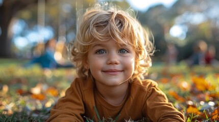 Wall Mural - A young blonde boy is laying on the grass with his eyes closed and smiling