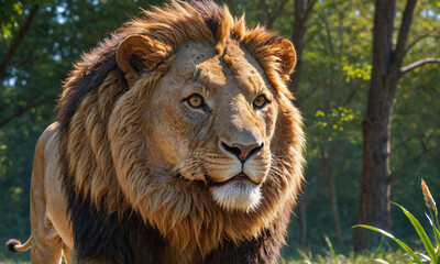 Wall Mural - a large male lion stands in a lush green forest, his mane catching the sun's rays