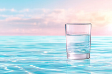 A glass of water sits on a tranquil sea at sunset, reflecting calming colors in the sky