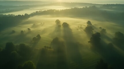 Wall Mural - Sunbeams Through the Mist in a Forest