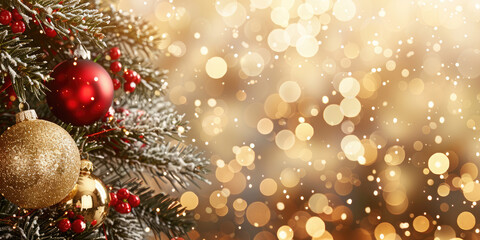 Wall Mural - christmas balls ornament hangs gracefully on a snow-dusted evergreen branch, creating a festive and 