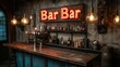 © aicandy - Rustic and charming vintage bar setting featuring a wooden counter, an array of liquor bottles, and bright neon signs, creating a warm and inviting atmosphere with unique lighting