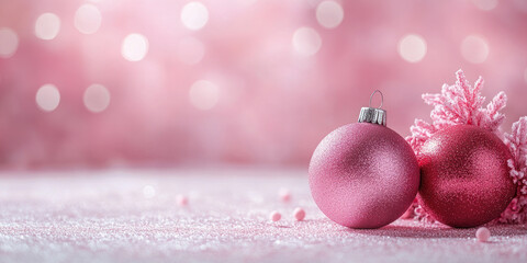 Wall Mural - two pink christmas ornaments are laying on a pink glittery surface with a pink bokeh background. the