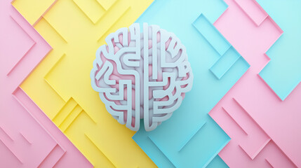 Poster - A brain trapped in a maze. Concept for research and development in the business or medical industry. Bright pastel colors. Geometric patterns with a clear shape. Copy space.