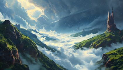 Wall Mural - surreal stormy landscape blending clouds and hills in a fantastical sci-fi adventure setting with a dramatic rain backdrop and vibrant illustrations