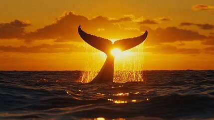 Wall Mural - a whale's tail silhouette against a vibrant sunset, with the sun shining through the tail.