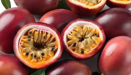 Sticker - Vibrant close-up of halved passion fruits revealing juicy pulp and seeds, ideal for tropical fruit-themed designs