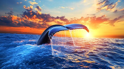 Wall Mural - a whale's tail breaks the surface of the ocean at sunset.